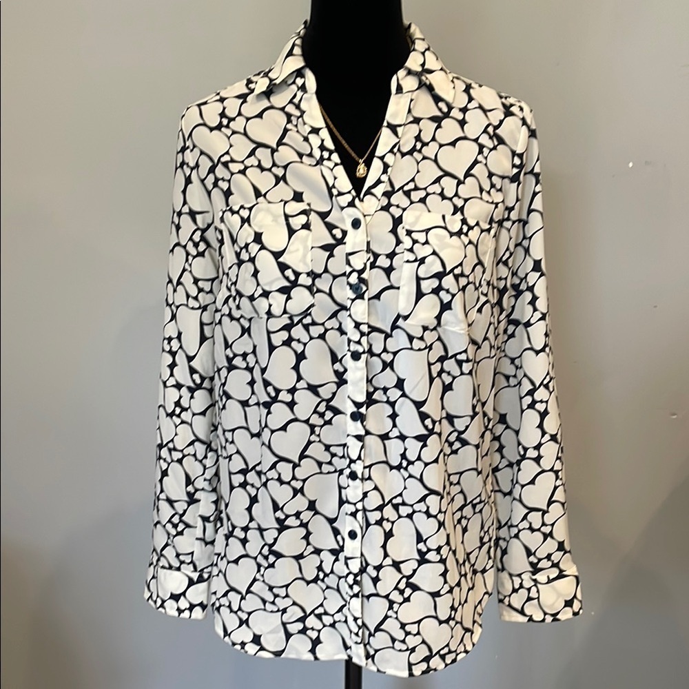 Talbots white blouse with blue heart pattern size small